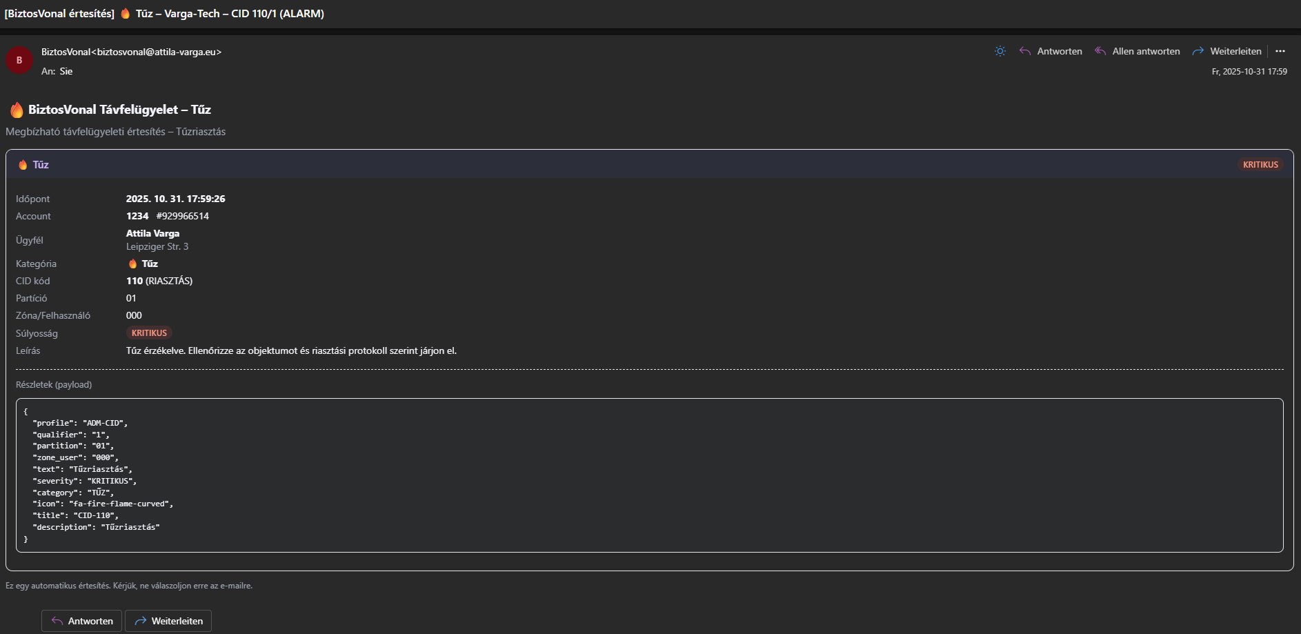 BiztosVonal értesítő e-mail – riasztási információk és időpont