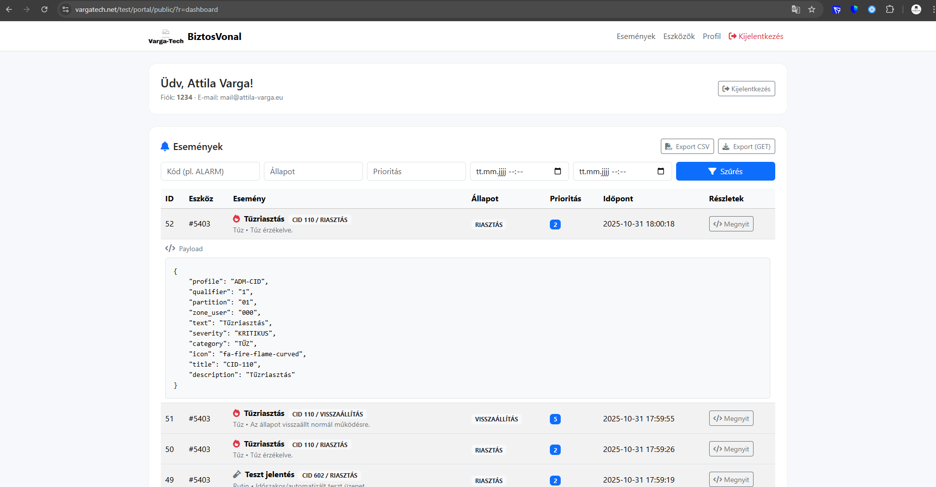BiztosVonal Ügyfélportál – eseménylista és állapotjelzés
